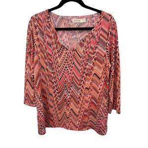 Faded Glory Multi-Color 3/4 Sleeve Split Neck Stretch Knit Top Size Medium